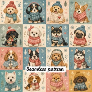 Whimsical Winter Dogs Patchwork Seamless Pattern | Cozy Christmas Puppy Quilt Fabric | Cute Nursery Digital Paper