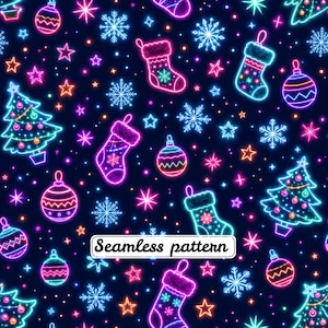 Op de afbeelding: Een naadloos patroon met neon-stijl illustraties van kerstbomen, kerstsokken, kerstballen en sneeuwvlokken in levendige roze, blauwe en oranje kleuren op een donkere achtergrond. De tekst Seamless pattern staat centraal in een wit kader.