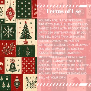 May include: A digital graphic featuring a patchwork pattern of red, green, and cream squares with Christmas motifs like trees, ornaments, and snowflakes. The right side displays white text titled Terms of Use outlining licensing restrictions.