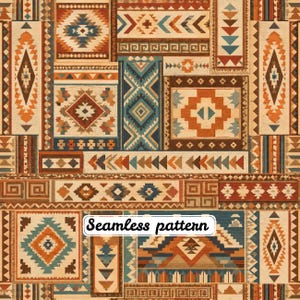 May include: A seamless pattern featuring a patchwork of rectangular blocks with geometric shapes, including diamonds, triangles, and zigzags in shades of burnt orange, teal, brown, and cream. The text Seamless pattern is centered.