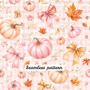 Pode incluir: Um padrão contínuo com ilustrações em aguarela de abóboras cor-de-rosa claro, folhas de ácer cor de laranja e laços cor-de-rosa suave sobre um fundo axadrezado cor-de-rosa e branco com o texto Seamless pattern.