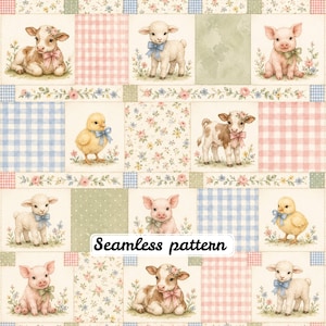 Pode incluir: Um padrão contínuo com ilustrações de animais de quinta, incluindo vitelos, cordeiros, leitões e pintainhos. O design incorpora quadrados com xadrez rosa e azul, estampados florais e texturas verdes, com o texto Seamless pattern.