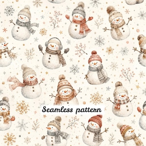 Könnte beinhalten: Ein nahtloses Muster mit Aquarellillustrationen von Schneemännern, die verschiedene Strickmützen, Schals und Ohrenschützer tragen, durchsetzt mit zarten Schneeflocken, kleinen Sternen und Beerenzweigen auf cremefarbenem Hintergrund mit dem Text Seamless pattern.