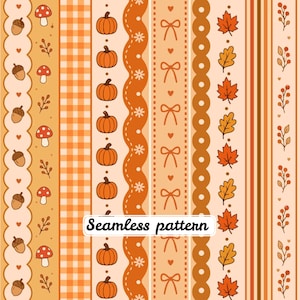 May include: A seamless pattern featuring vertical stripes of autumn motifs including acorns, mushrooms, pumpkins, bows, maple leaves, and berries in shades of orange, brown, and cream. The design includes scalloped edges, gingham, and floral accents.