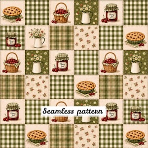 May include: A seamless pattern featuring a grid of squares with illustrations of cherry pies, wicker baskets filled with cherries, white pitchers containing daisies, and jars labelled Cherry Jam, interspersed with green gingham and floral squares.