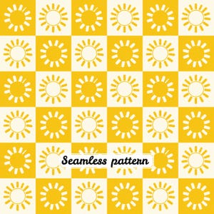 Retro Sunshine Checkerboard Seamless Pattern JPG, Happy Sun Summer Digital Paper, Yellow Checkered Fabric Print, Cute Sunshine Squares