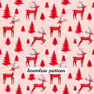 Puede incluir: Un patrón continuo con ciervos rojos y pinos rojos sobre un fondo rosa claro con copos de nieve blancos y pequeños puntos. El texto Seamless pattern está impreso en negro dentro de un recuadro blanco centrado en la imagen.