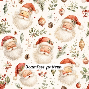 Pode incluir: Um padrão contínuo com ilustrações em aguarela de rostos de Pai Natal com barbas brancas e gorros vermelhos, intercalados com pinhas, bagas vermelhas, folhas de azevinho verdes e vários ornamentos de Natal decorativos num fundo creme.