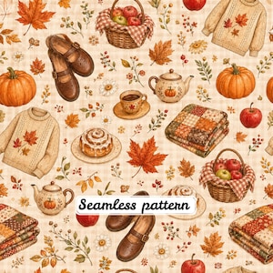 Könnte beinhalten: Ein nahtloses Muster mit Illustrationen von braunen Lederschuhen, Kürbissen, geflochtenen Körben mit Äpfeln, Strickpullovern mit Ahornblättern, Teekannen, Zimtschnecken und Patchwork-Decken auf einem hellbeigen Hintergrund mit Herbstlaub.