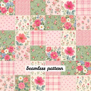 Peut inclure: Un motif textile numérique composé d'une grille de carrés avec divers motifs, dont des carreaux roses et blancs, des petits cœurs roses, du pied-de-poule et des arrangements floraux avec des fleurs roses, blanches et bleues sur fond vert et crème. Le texte Seamless pattern est centré.