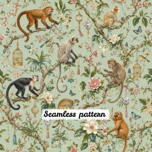 Vintage Chinoiserie Monkey Seamless Pattern JPG, Botanical Monkey Toile Digital Paper, Tropical Floral Jungle Fabric Print, Exotic Wildlife,