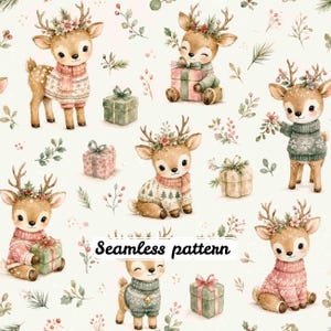 Pode incluir: Um padrão contínuo com ilustrações de veados castanhos a usar camisolas e adornos florais, intercalados com caixas de presente e ramos de vegetação num fundo creme. O texto Seamless pattern encontra-se no centro.