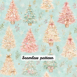 Pode incluir: Um padrão contínuo com ilustrações em aguarela de árvores de Natal em tons de rosa, creme e azul claro, decoradas com laços e ornamentos, sobre um fundo azul-petróleo claro com flocos de neve brancos e o texto Seamless pattern.