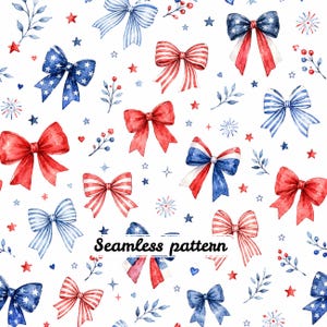 Puede incluir: Un patrón continuo con ilustraciones en acuarela de lazos en rojo, blanco y azul. El diseño incluye lazos con estrellas, rayas y colores sólidos, intercalados con pequeñas ramas de bayas, corazones diminutos y fuegos artificiales en forma de estrella.