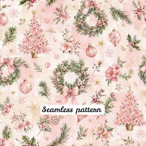 May include: A seamless pattern featuring a repeating design of pink Christmas trees, green pine wreaths with pink bows, pink ornaments, holly berries, and gold stars on a soft pink watercolour background with the text Seamless pattern.
