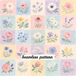 May include: A grid of square tiles featuring watercolour illustrations of various flowers in pastel shades of pink, blue, yellow, and purple. Each tile displays a unique botanical arrangement. The text Seamless pattern is centred in black.