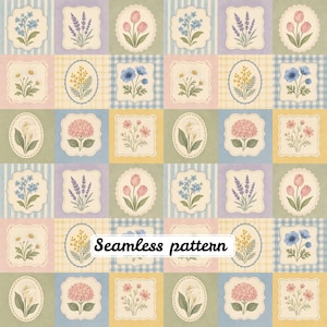 Pastellblommigt lapptäcke sömlöst mönster JPG, vintage vårbotaniskt digitalt papper, mjukt blårosa blomquilttygtryck