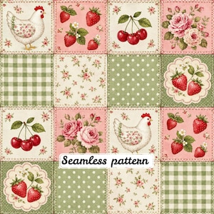 Vintage Cottage Patchwork Seamless Pattern JPG | Strawberries Cherries Roses Chicken Quilt Repeat Tile Fabric Design