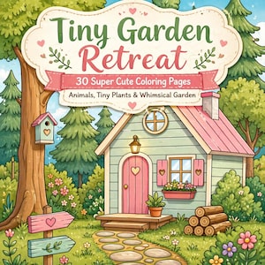 Pode incluir: Capa de um livro de colorir intitulado "Tiny Garden Retreat" com uma ilustração fantasiosa. Apresenta uma casinha com telhado rosa, uma porta em forma de coração e um jardim com árvores, flores e um viveiro. O texto diz "30 Super Cute Coloring Pages".