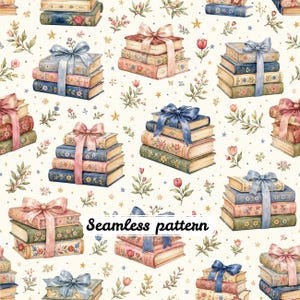 May include: A seamless pattern featuring stacks of illustrated books tied with ribbons in shades of pink and blue, interspersed with small floral sprigs and golden stars on a cream background. The text Seamless pattern is centered.