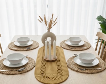 Chemin de table ovale en jute - Nappe tissée moderne fabriquée à la main 30 x 80 cm