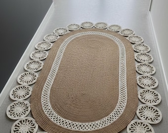 Kilim de yute tejido a mano: decoración de pasillo de fibra natural, alfombra gruesa ovalada