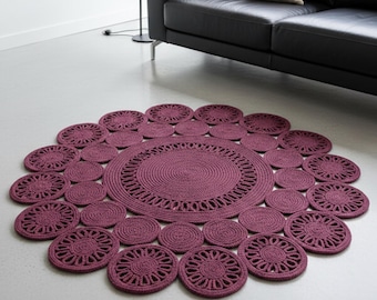 Alfombra redonda Kilim de yute tejida a mano con diseño floral de margaritas, antialérgica.