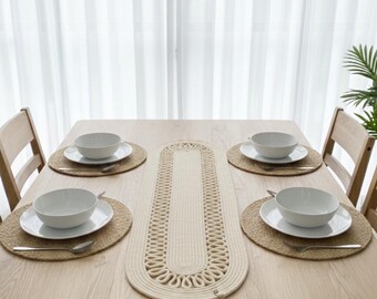 Chemin de table ovale moderne en jute - Décoration de salle à manger tissée à la main 30 x 80