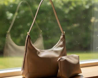 Beige 100% Genuine Leather Shoulder Bag – Clean Minimal Luxury with Soft Sophisticated Finish