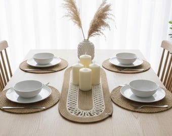 Camino de mesa de yute con decoración exclusiva: estilo de comedor de lujo de 30 x 80 cm