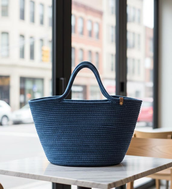 Bamboo Navy Straw Tote – Bold Vegan Beach Bag With Floral Touch 