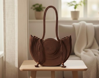 Bolso de mano estilo cisne de paja marrón: bolso de hombro de cuerda natural de lujo con interior forrado