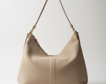 Beige Genuine Leather Crossbody Bag – Minimal Luxury Design with Soft Neutral Aesthetic