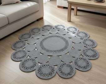 Alfombra redonda de yute tejida a mano con motivo floral de margaritas, antialérgica. Decoración para el hogar.