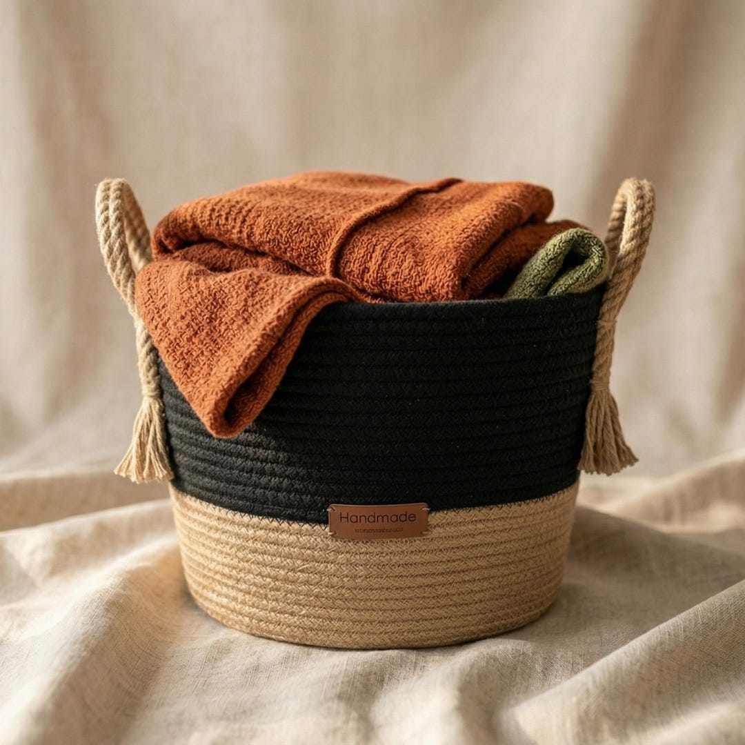 Handmade Jute Storage Basket – Black Natural Rope Organizer With ...