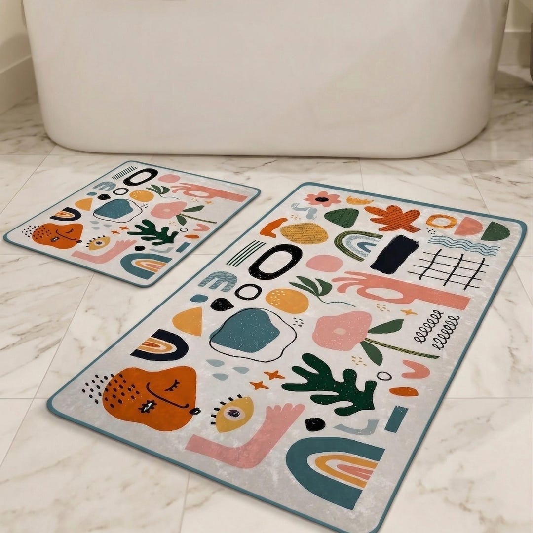 Abstract Pattern Bathroom Rug Set, Washable Non-slip Polyester Bath ...