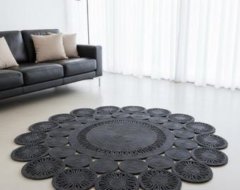 Alfombra moderna de yute con margaritas – Boutique Round Home Statement