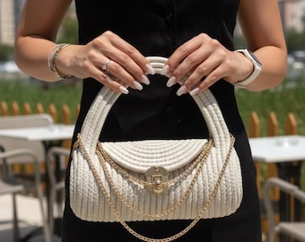 White Woven Shoulder Bag – Clean Minimal Rope Handbag Elegance