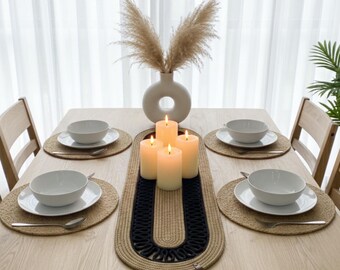 Chemin de table ovale en jute tressé – Décoration de table à manger moderne 30 x 80 cm