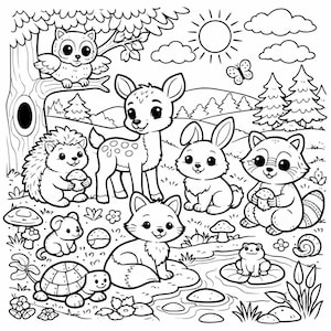 May include: Black and white illustration of woodland creatures in a forest setting. Features an owl, deer, hedgehog, rabbit, raccoon, fox, mouse, turtle, and frog. The sun, clouds, and trees are also shown.