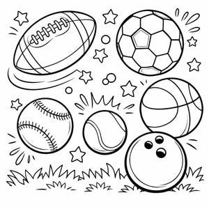 以下が含まれることがあります： アメフト、サッカーボール、野球ボール、テニスボール、バスケットボール、ボーリングボールなど、さまざまなスポーツボールの白黒イラスト。星と草もデザインに含まれています。