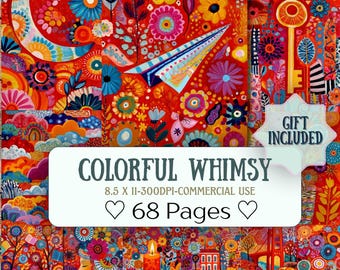 May include: A vibrant, colorful illustration with a red background, featuring flowers, a crescent moon, and a paper airplane. The text "COLORFUL WHIMSY" is displayed, along with "68 Pages". A gift is included.