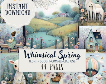 May include: A digital art print collection titled "Whimsical Spring" featuring illustrations of landscapes, animals, and a girl reading. The image includes the text "Instant Download" and "44 Pages". The artwork has a soft, pastel color palette.