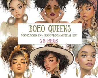 May include: Digital art featuring six portraits of women with curly hair, adorned with headscarves, hats, and jewelry. The image includes the text "BOHO QUEENS" and "25 PNGS". The portraits have a bohemian aesthetic.