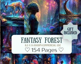 May include: A digital art print titled "Fantasy Forest" with a vibrant, colorful fantasy theme. The image includes a woman, deer, and forest scenes. The text on the image reads "8.5 X 11-300DPI-COMMERCIAL USE" and "154 Pages".