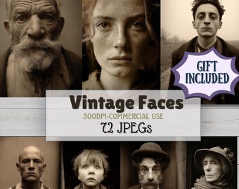 May include: A collection of sepia-toned portraits featuring diverse faces. The image includes a variety of individuals, from elderly people with prominent features to children. Text overlay reads "Vintage Faces" and "72 JPEGs". A gift tag is included.