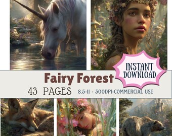 May include: Digital art print featuring a white unicorn drinking from a stream, a woman with a flower crown, a sleeping fox, a woman in flowers, and a bear. The text "Fairy Forest" and "Instant Download" are also visible.