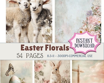 May include: Digital collage sheet titled "Easter Florals" featuring lambs, a bunny, an Easter egg with a butterfly, and a cross. The images have a vintage aesthetic with floral and pastel backgrounds. The text "Instant Download" is included.