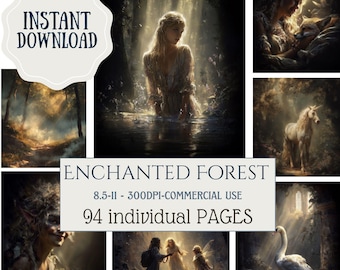 May include: Digital art print featuring an enchanted forest theme. The image includes a woman in water, a unicorn, and other fantasy elements. Text on the image reads "Instant Download" and "Enchanted Forest". The image is composed of 94 individual pages.