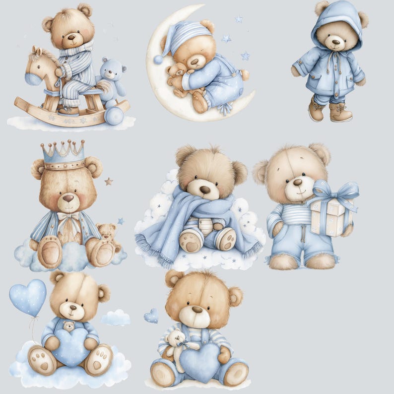 Watercolor Blue Teddy Bear Clipart PNG – Baby Boy Nursery Teddy Set ...